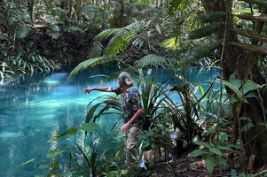 Patrick Blanc showing the young Pandanus balenii on stream bank, Kali Biru, Warsambin, Waigeo, Raja Ampat, West Papua, May 2025