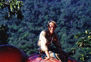 Patrick Blanc sitting on the Radeau des Cimes, French Guyana, Oct. 1989