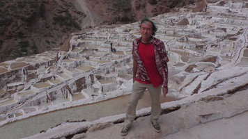 Patrick Blanc standing above salt terrasses, Cuzco, Peru, Aug 2014