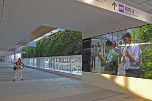Patrick Blanc standing and on screen at the new Shinkansen station walkway, Yamaguchi, Japan, Oct. 2015