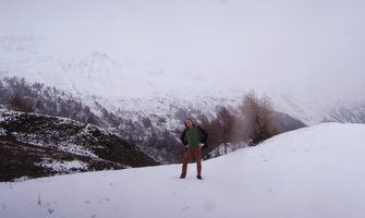 Patrick Blanc standing in spring snow, Grisons, Switzerland, May 2016
