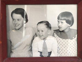 Patrick Blanc, three years old, with his sisters Roselyne and Corine, 1956