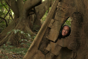 Patrick Blanc through a tree buttress hole in swampy forest, Inle Lake area, Myanmar, Dec. 2017