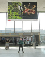 Patrick Blanc under advertising billboard for the Quai Branly museum, Paris CDG airport, June 2006