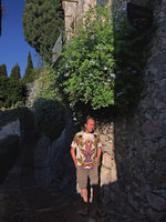 Patrick Blanc under a flowering Plumbago auriculata, Eze Village, Alpes Maritimes, France, Aug. 2015