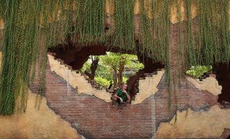Patrick Blanc under a managed curtain of Tarlmounia (syn. Vernonia) elliptica at the entrance of Ba Na Hills, Da Nang, Vietnam, Oct.2018