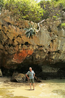 Patrick Blanc under an old Cycas clivicola growing on a limestone boulder on sea shore, Railay, Krabi, Thailand, March 2017