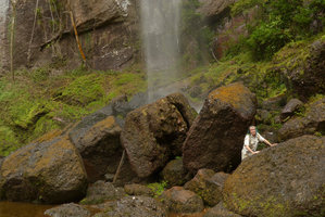 Patrick Blanc under a waterfall, among Elatostema, mosses and grasses, Harau valley, West Sumatra, Dec. 2016