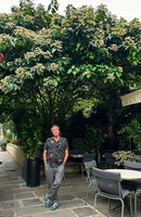 Patrick Blanc under Clerodendrum trichotomum, Chez Julien, Paris, Sept. 2024