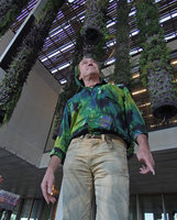 Patrick Blanc under the newly planted columns at the PAMM museum, Miami, Dec 2013