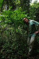 Patrick Blanc under two huge compound leaves of Gonatopus boivinii emerging from an underground tuber, Udzungwa NP, Tanzania, Jan. 2021