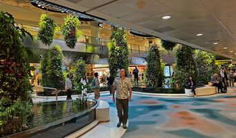 Patrick Blanc walking along the Dreamscape garden at Changi T 2 airport, Singapore, April 2024