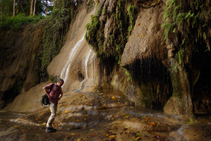 Patrick Blanc walking in a travertine waterfall partly covered by Adiantum capillus-veneris, Sai Yok, Kanchanaburi, Thailand, Dec 2015