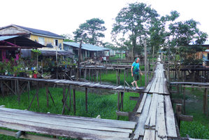 Patrick Blanc walking in the lacustrine village, Leticia, Colombia, Nov. 2016