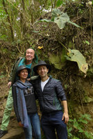 Patrick Blanc with Andres Ibanez and his Sweetheart beside a rock covered by an Anthurium, Chicaque, Soacha, Colombia, Oct. 2016