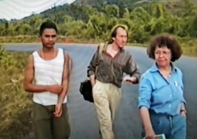 Patrick Blanc with Annette Hladik and Nelson Rabenandrianina out of degraded slope habitat of Ravenala grandis, Beforona, Madagascar, June 1998