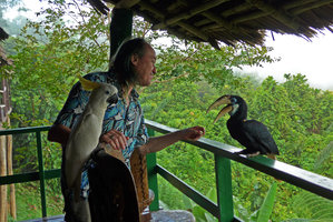 Patrick Blanc with his feathered friends, Miss Claire and Miss Joan, Karawari, Sepik, Papua New Guinea, March 2016