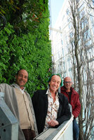Patrick Blanc with the persons in charge of maintenance of his vertical garden, Torre de Cristal, Madrid