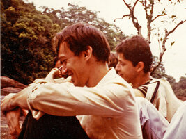 Patrick Blanc and Plinio Sist in a boat, French Guyana, March 1985
