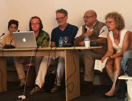 Patrick Blanc and Carolyn Christov-Barkargiev during a public discussion at the Saltwater Biennale , Istanbul, Sept. 2015