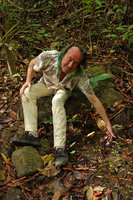 Patrick Blanc showing the living leaves and flower of the totally cryptic Barclaya longifolia submerged among the fallen dead tree leaves, Takua Pa, Thailand, May 2015