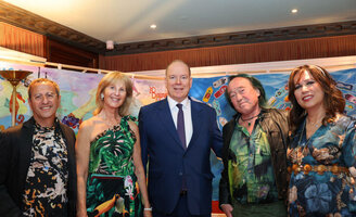 S.A.S. Prince Albert II de Monaco, Helga Piaget, Maria Bologna, Patrick Blanc and Pascal Héni at the inauguration of the exhibition Flowers4Art created by Helga Piaget, 30th Nov. 2024