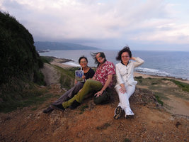 Shu Hui Wu, Patrick Blanc and Mrs Tchen at the top a a windy sea cliff, Kenting NP, Taiwan