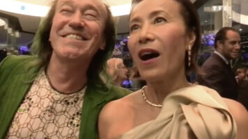 Supaluck Umpujh with Patrick Blanc, much impressed by the Rainforest Chandelier at EmQuartier, Bangkok