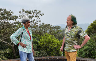 Suprabha Seshan and Patrick Blanc during a discussion at the Gurukula Botanical Sanctuary, Periya, Kerala, India, Jan. 2023