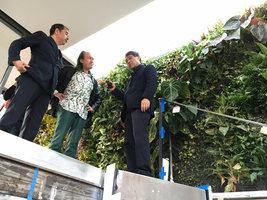Tadao Ando, Kazuhito Yoshii and Patrick Blanc in front of the Yoshii vertical garden, New York, May 2016